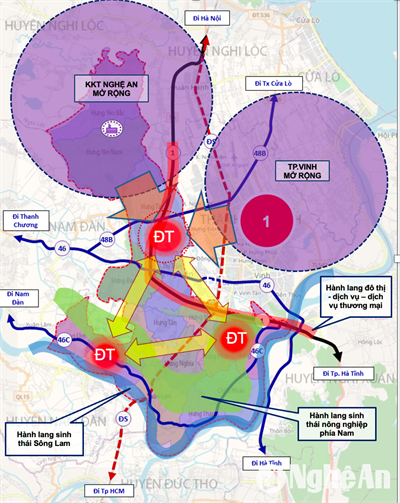 Quy hoạch xây dựng vùng huyện Hưng Nguyên được lập theo cấu trúc không gian: 2 vùng, 2 động lực, 3 đô thị, 3 trục phát triển
